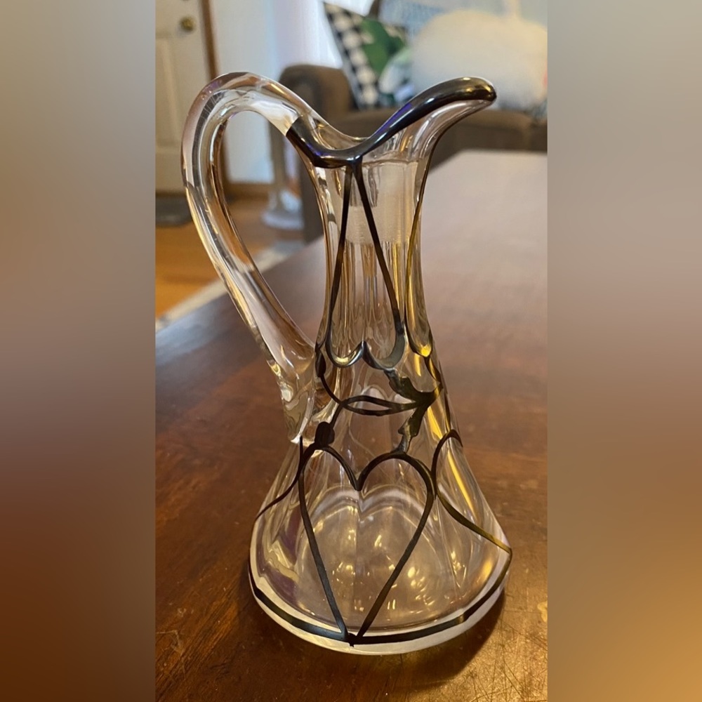 Vintage Black Overlay Glass Cruet 5" T Small Glass Pitcher No Stopper Art Deco